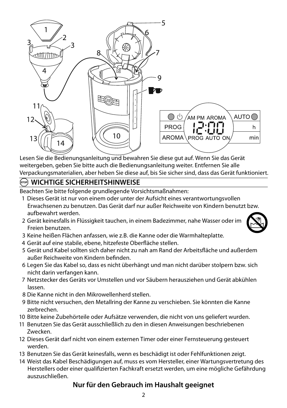 Awichtige sicherheitshinweise, Nur für den gebrauch im haushalt geeignet | RUSSELL HOBBS COTTAGE FLORAL User Manual | Page 2 / 68