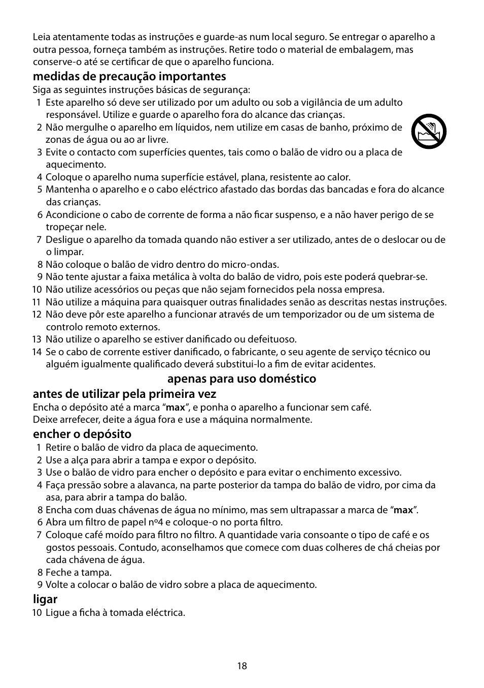 Medidas de precaução importantes, Encher o depósito, Ligar | RUSSELL HOBBS FUTURA User Manual | Page 18 / 68