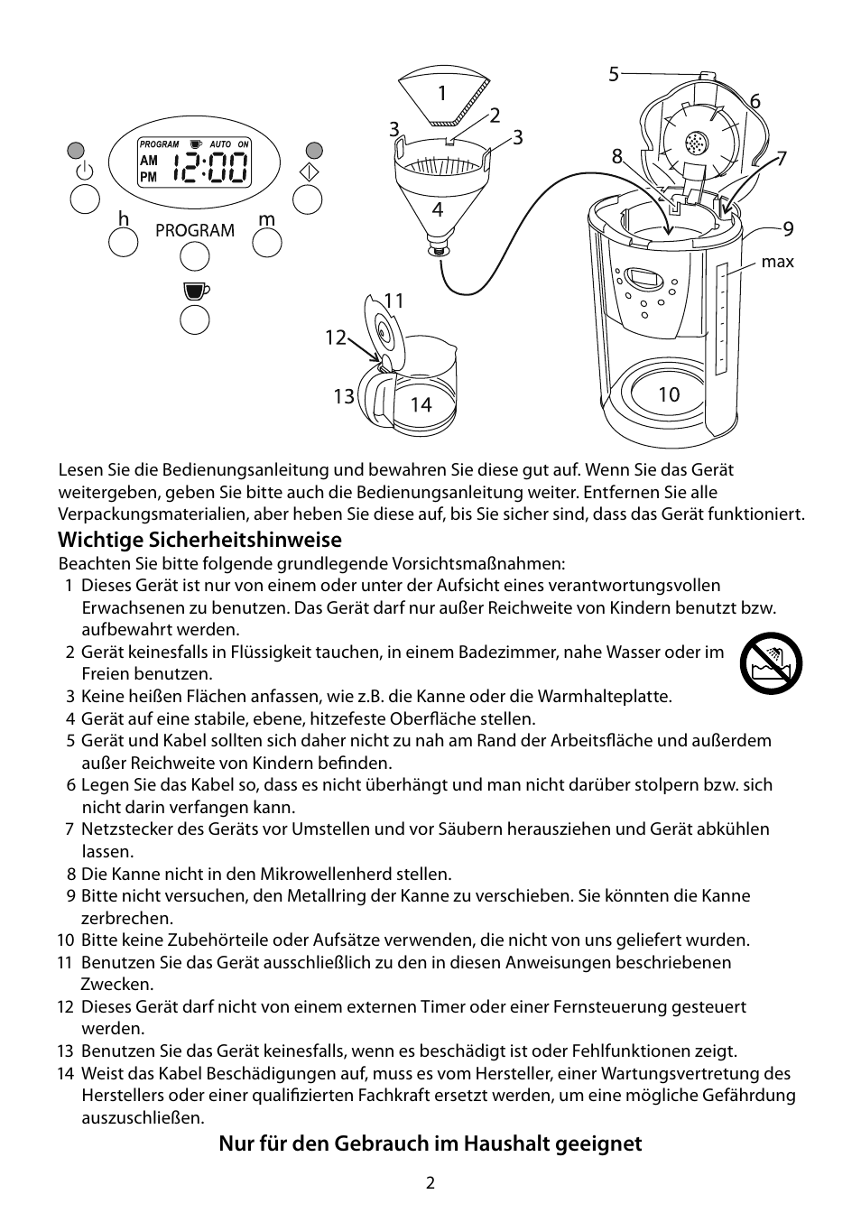 Wichtige sicherheitshinweise, Nur für den gebrauch im haushalt geeignet | RUSSELL HOBBS FUTURA User Manual | Page 2 / 68