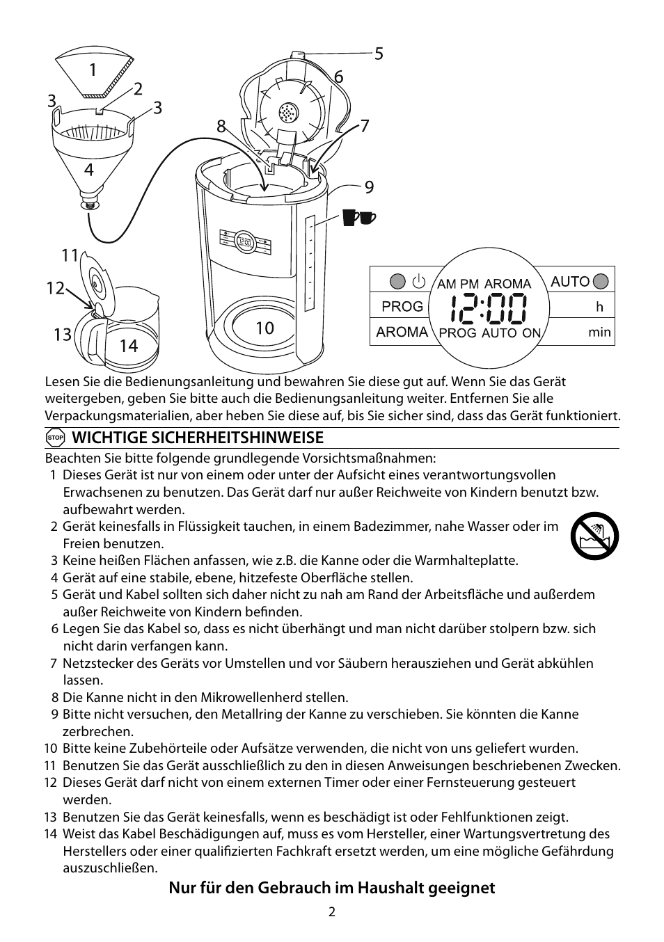Awichtige sicherheitshinweise, Nur für den gebrauch im haushalt geeignet | RUSSELL HOBBS COTTAGE COFFEE User Manual | Page 2 / 68