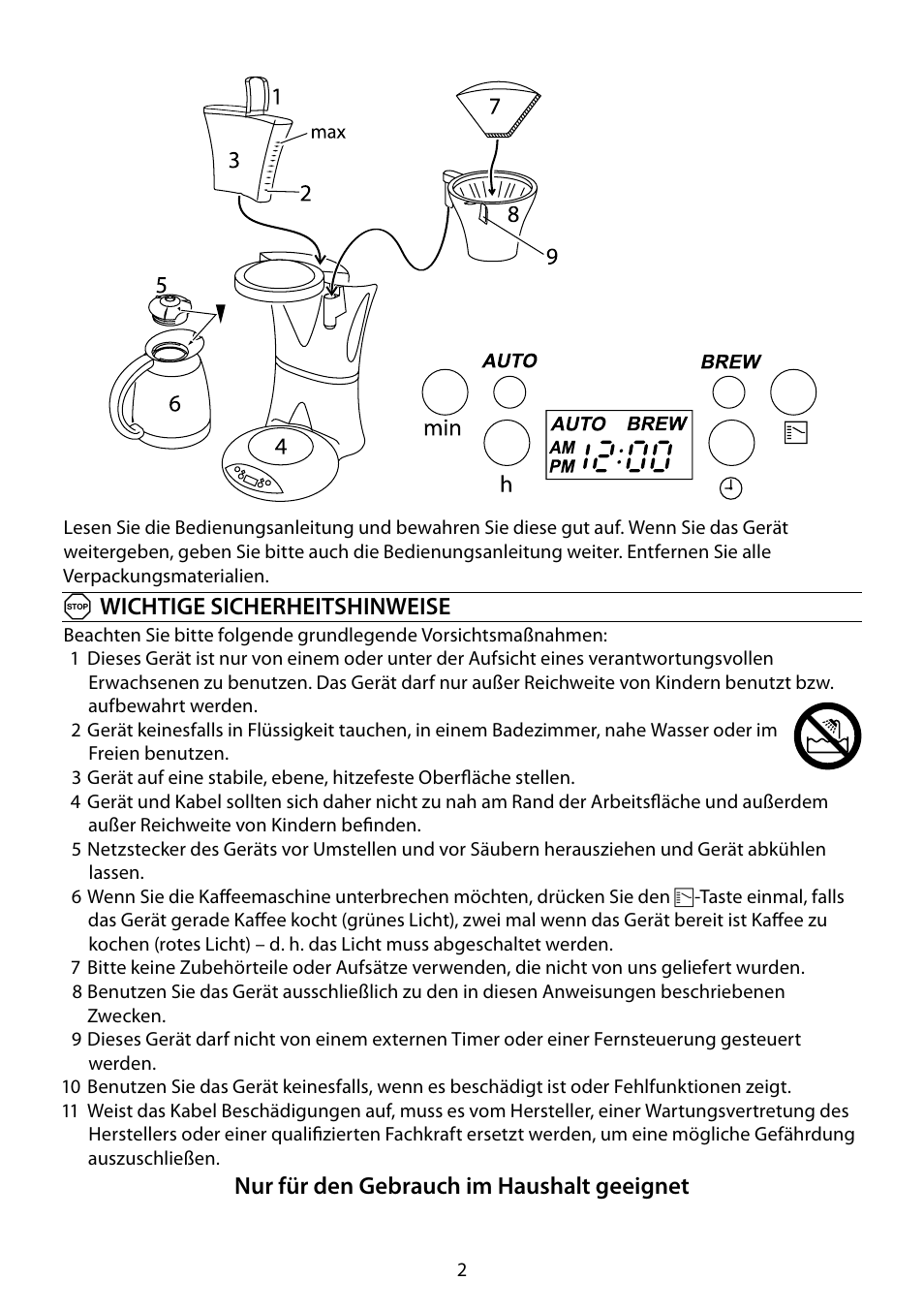 Awichtige sicherheitshinweise, Nur für den gebrauch im haushalt geeignet | RUSSELL HOBBS STYLO User Manual | Page 2 / 68