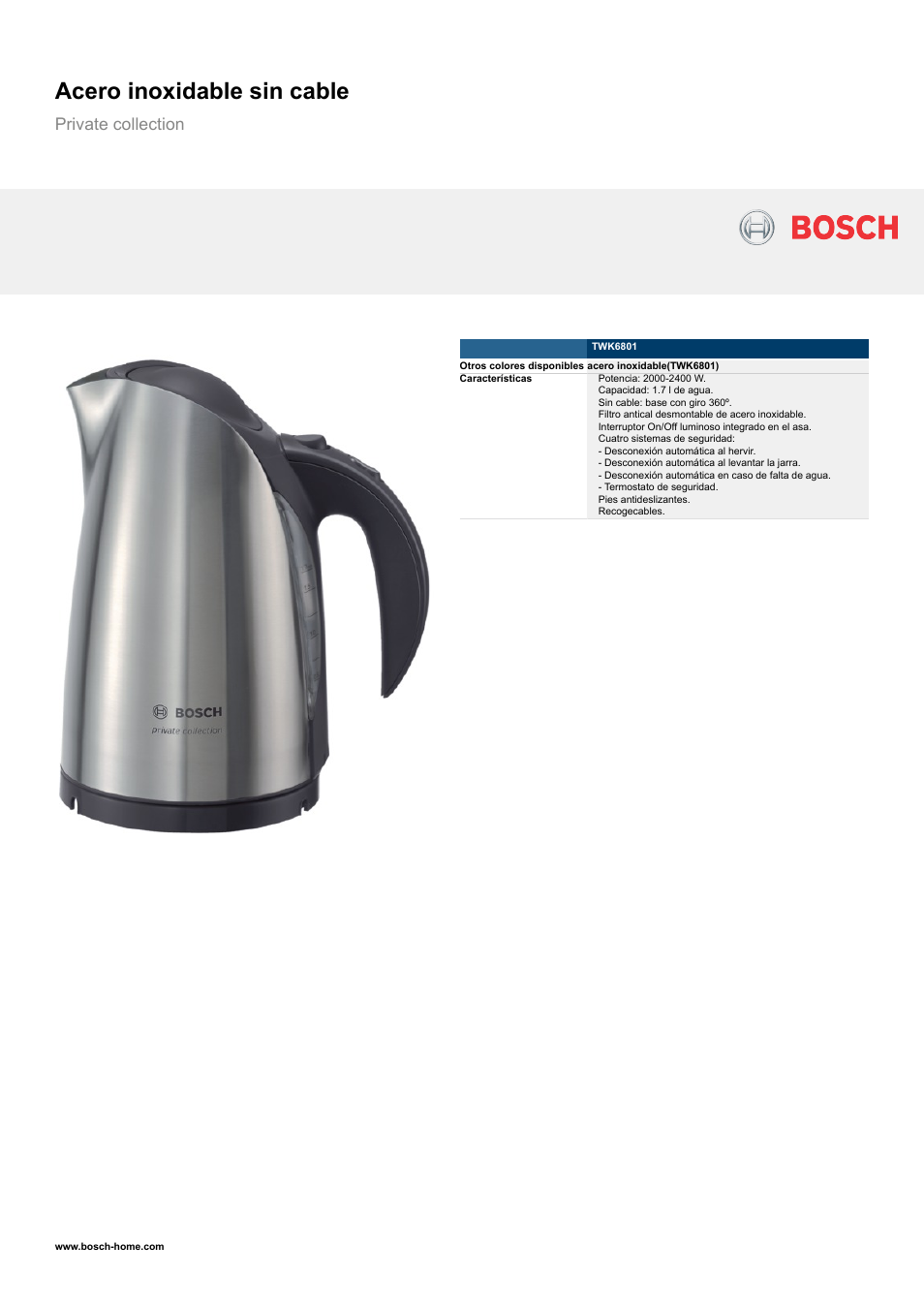 Bosch TWK6801 Acero inoxidable sin cable Private collection EAN 4242002370088 User Manual | 2 pages