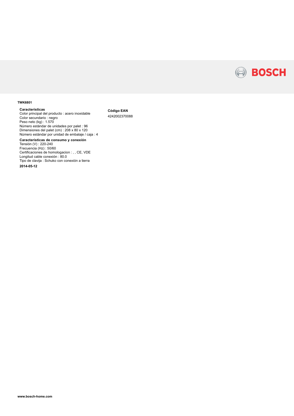 Bosch TWK6801 Acero inoxidable sin cable Private collection EAN 4242002370088 User Manual | Page 2 / 2