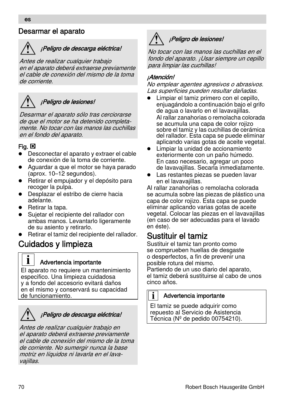 Cuidados y limpieza, Sustituir el tamiz, Desarmar el aparato | Bosch MES4000 Licuadora. EAN 4242002770048 User Manual | Page 70 / 145