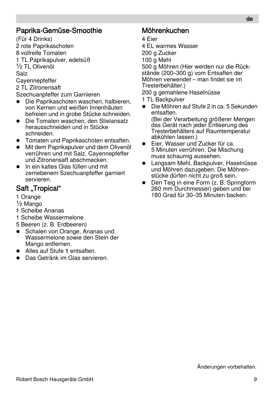 Paprika-gemüse-smoothie, Saft „tropical, Möhrenkuchen | Bosch MES4000 Licuadora. EAN 4242002770048 User Manual | Page 9 / 145