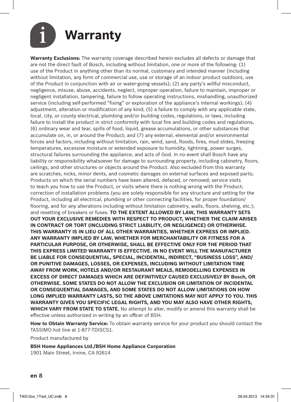 Warranty | Bosch TASSIMO T12 TAS1202 User Manual | Page 10 / 30