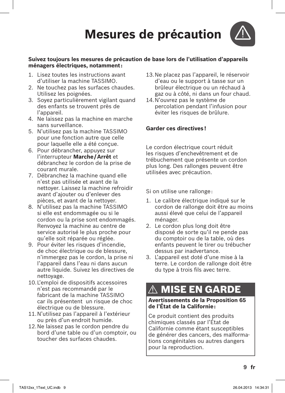 Mesures de précaution, Mise en garde | Bosch TASSIMO T12 TAS1202 User Manual | Page 11 / 30