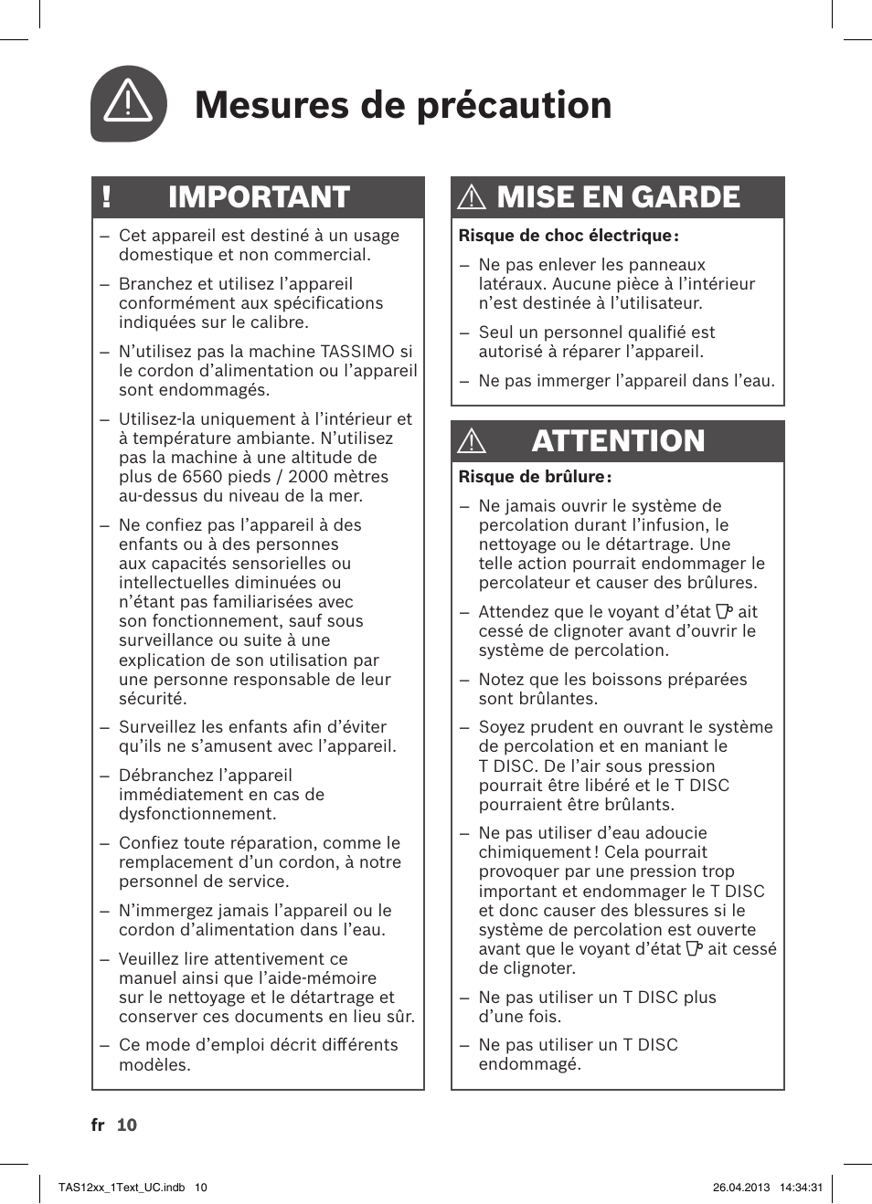 Mesures de précaution, Important, Mise en garde | Attention | Bosch TASSIMO T12 TAS1202 User Manual | Page 12 / 30