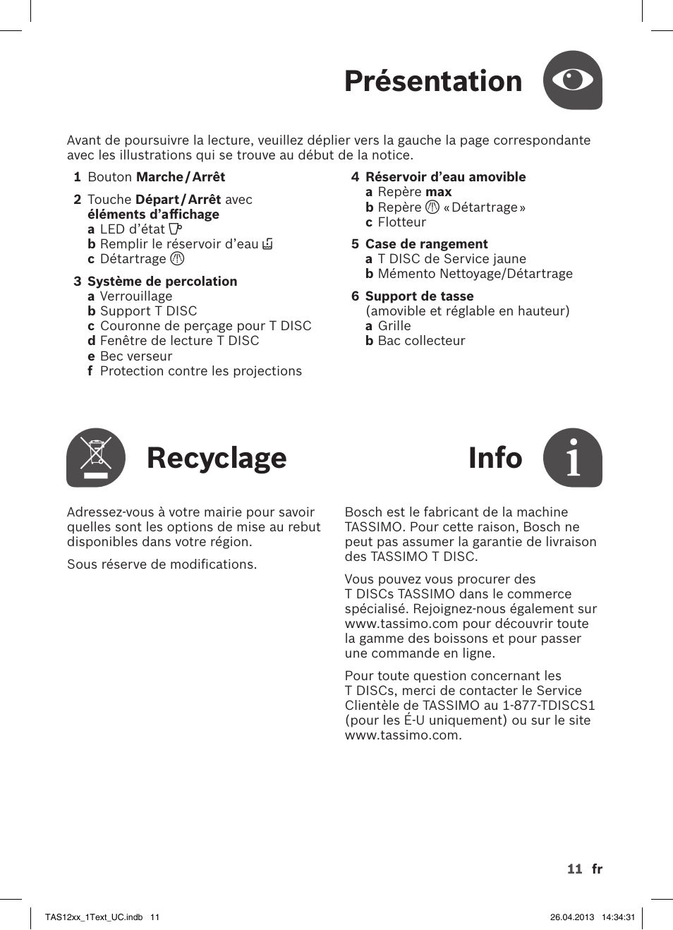 Présentation, Recyclage, Info | Bosch TASSIMO T12 TAS1202 User Manual | Page 13 / 30