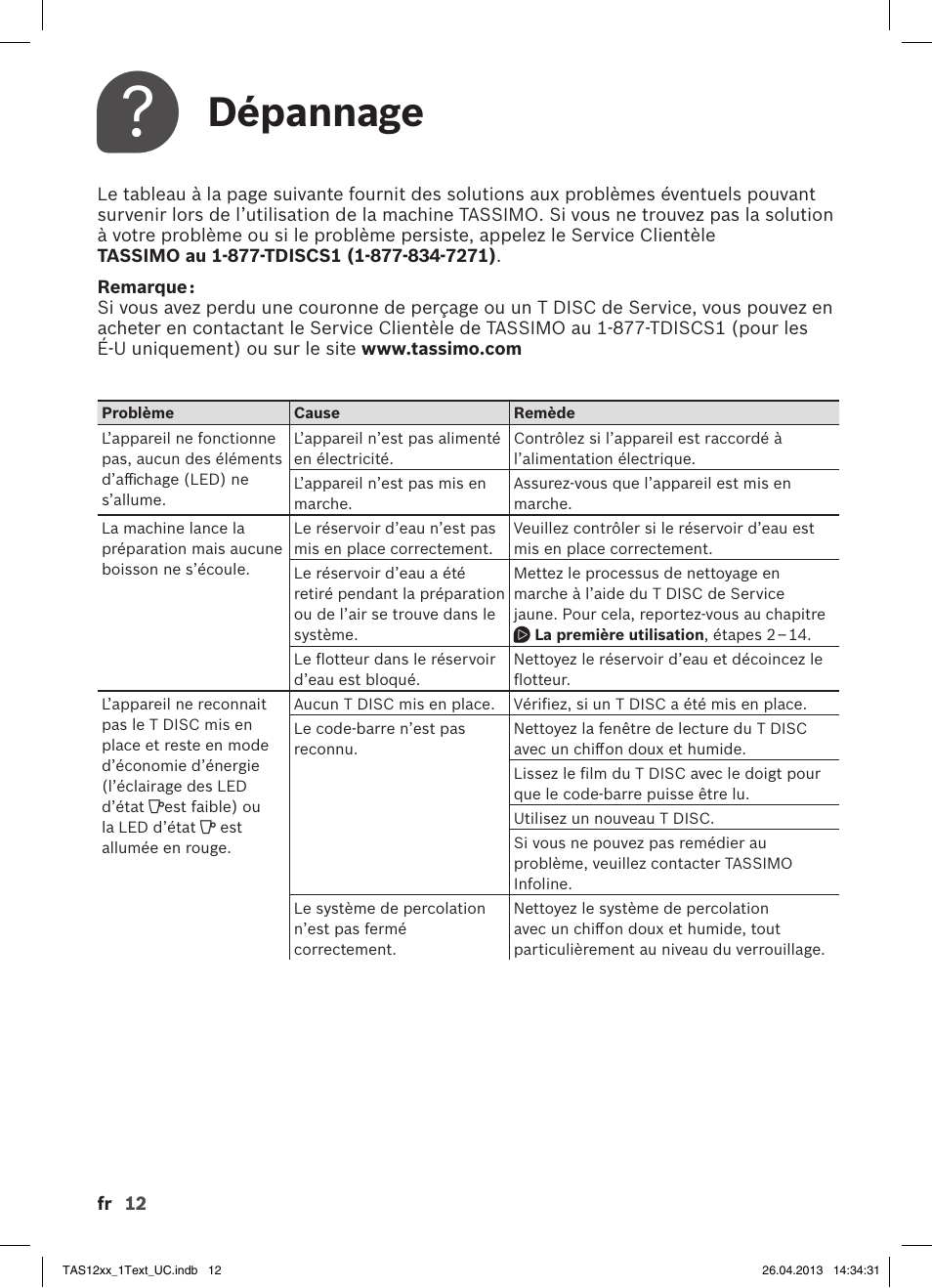 Dépannage | Bosch TASSIMO T12 TAS1202 User Manual | Page 14 / 30