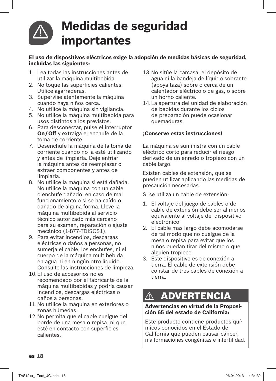 Medidas de seguridad importantes, Advertencia | Bosch TASSIMO T12 TAS1202 User Manual | Page 20 / 30