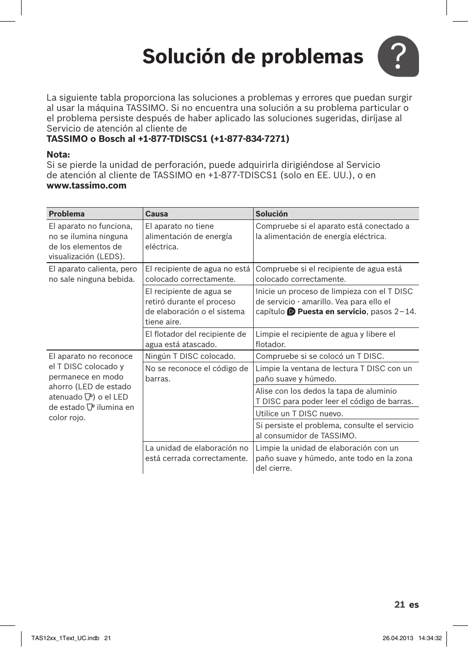 Solución de problemas | Bosch TASSIMO T12 TAS1202 User Manual | Page 23 / 30