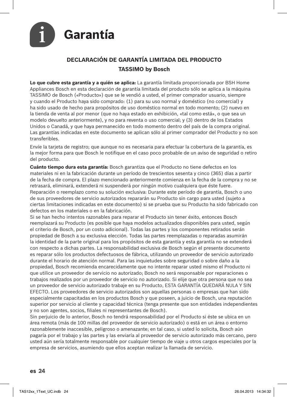 Garantía | Bosch TASSIMO T12 TAS1202 User Manual | Page 26 / 30