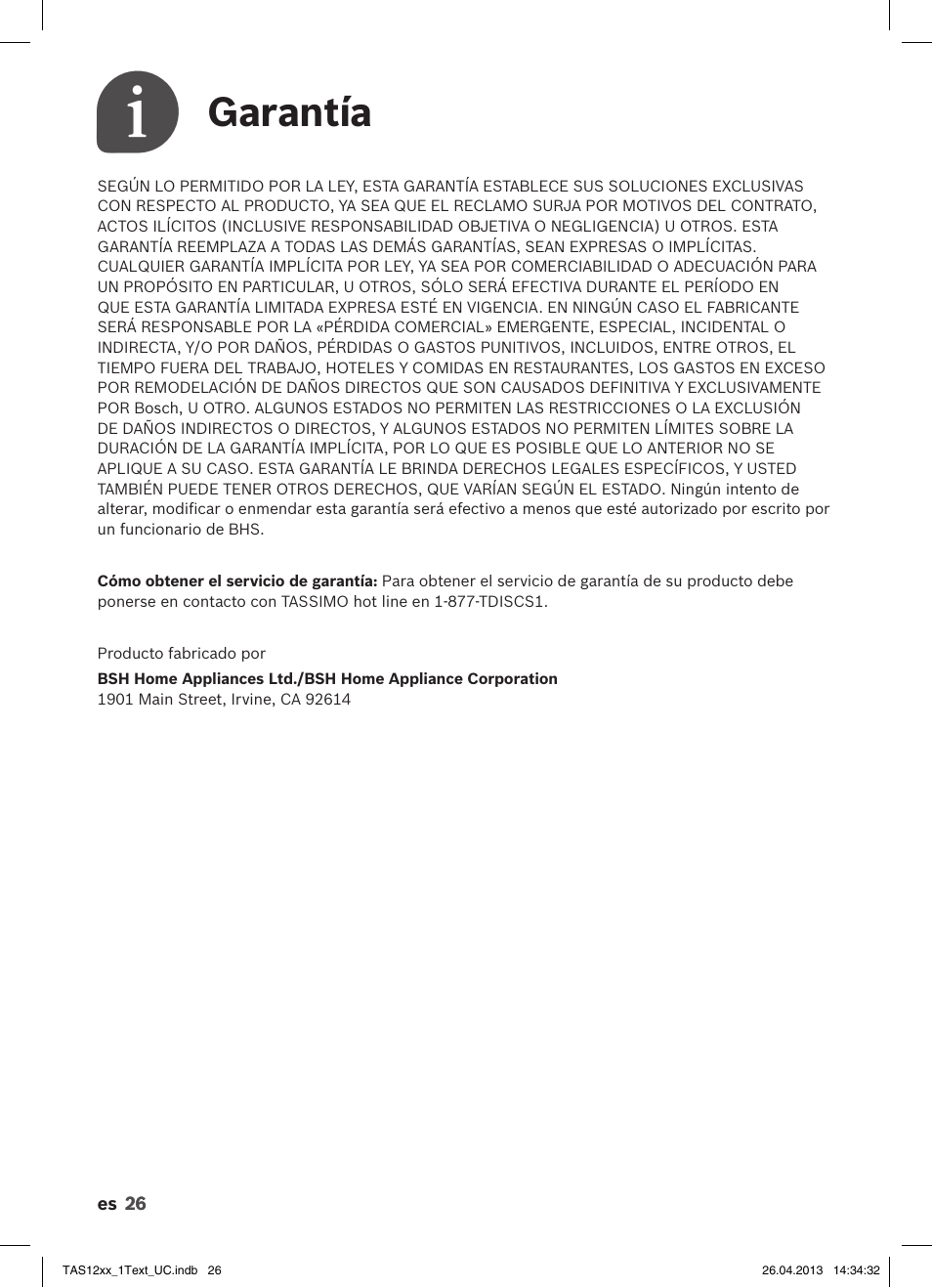 Garantía | Bosch TASSIMO T12 TAS1202 User Manual | Page 28 / 30