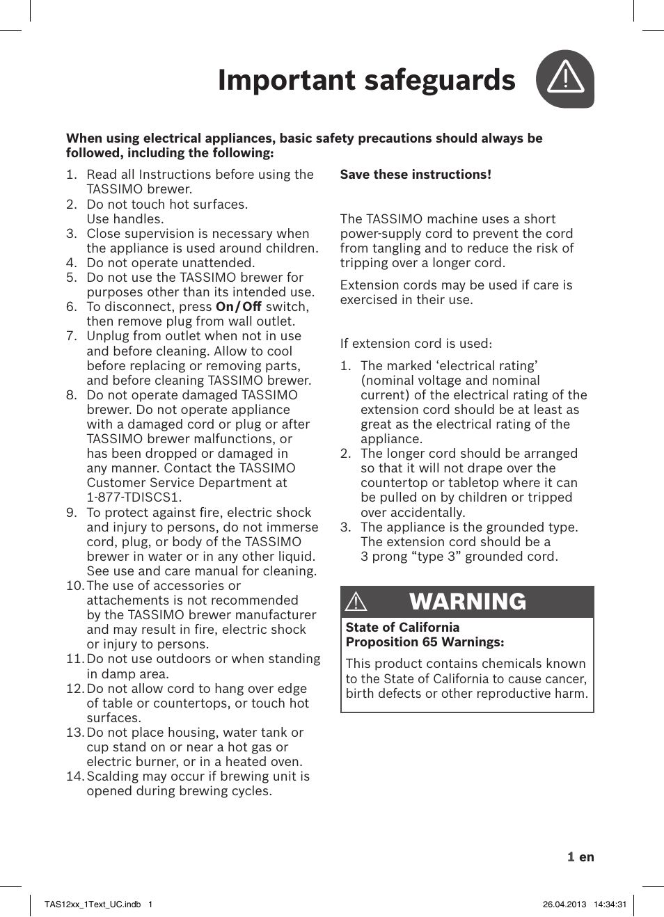 Important safeguards, Warning | Bosch TASSIMO T12 TAS1202 User Manual | Page 3 / 30