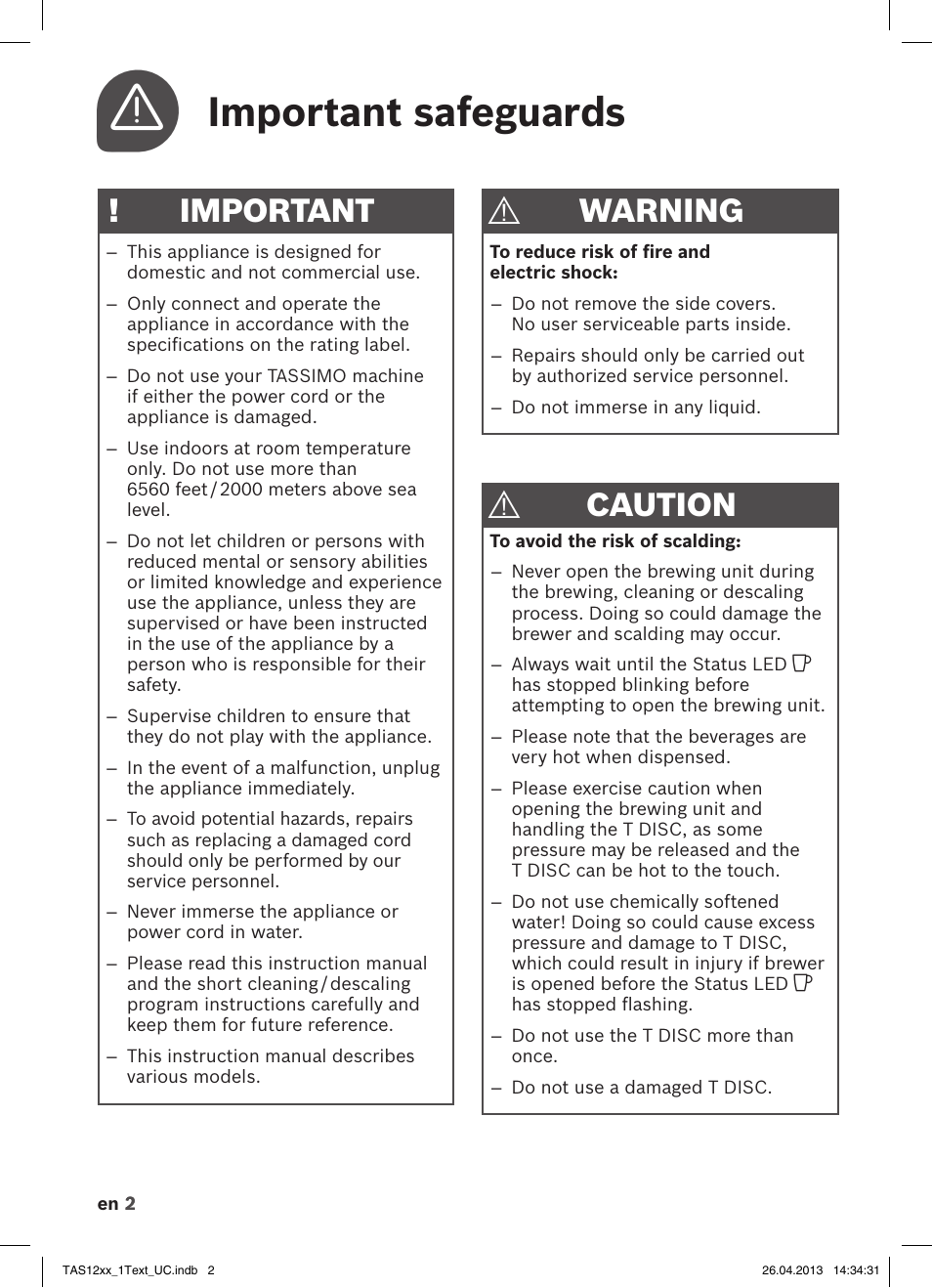 Important safeguards, Important, Warning | Caution | Bosch TASSIMO T12 TAS1202 User Manual | Page 4 / 30