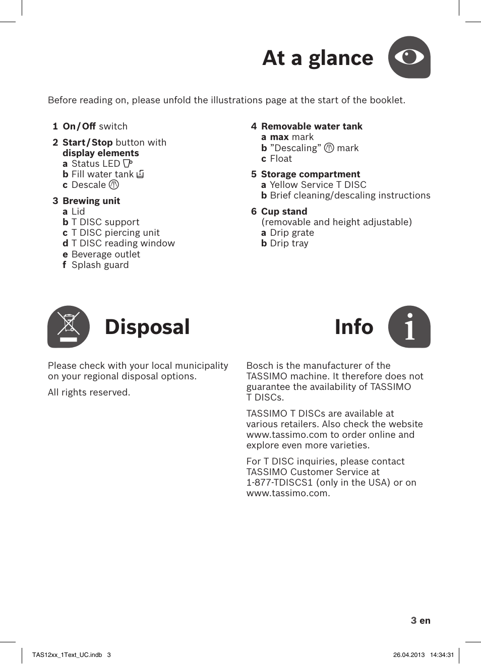 At a glance, Disposal, Info | Bosch TASSIMO T12 TAS1202 User Manual | Page 5 / 30
