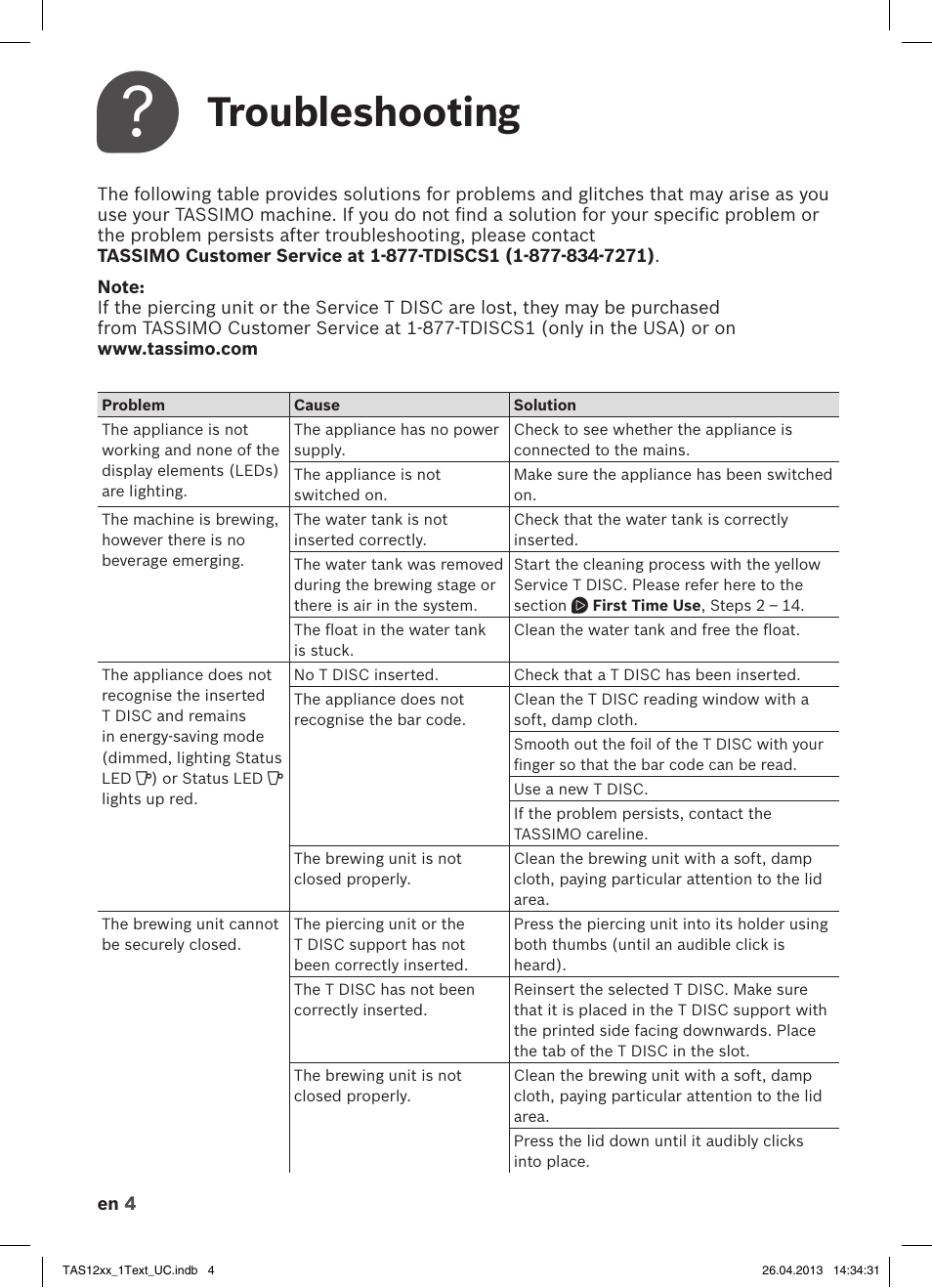Troubleshooting | Bosch TASSIMO T12 TAS1202 User Manual | Page 6 / 30