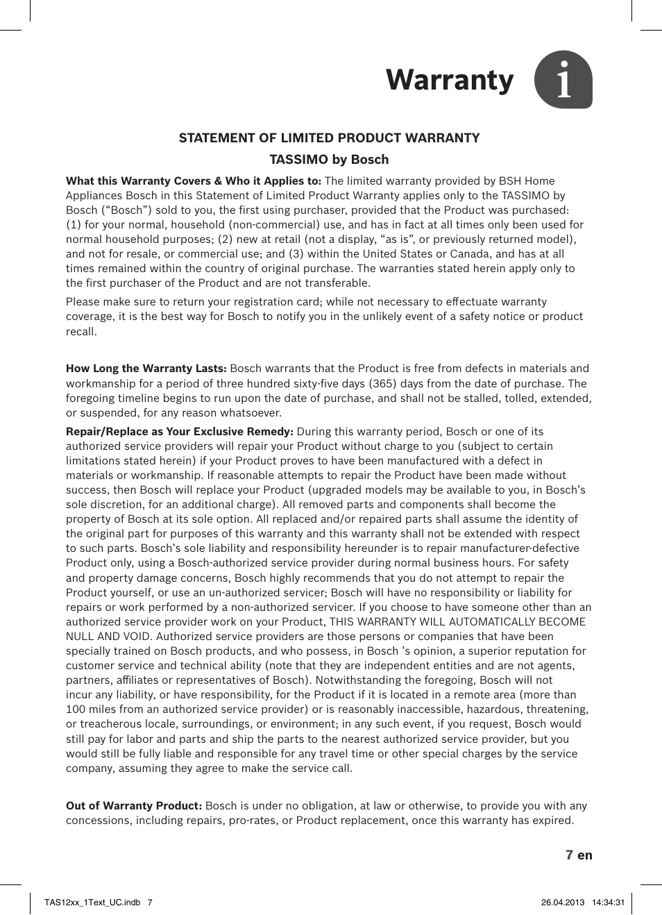 Warranty | Bosch TASSIMO T12 TAS1202 User Manual | Page 9 / 30