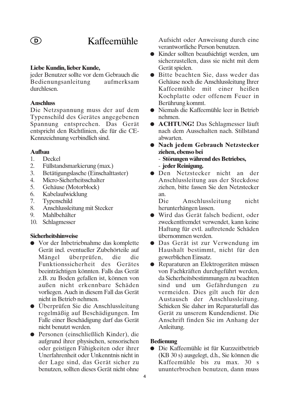 Kaffeemühle | SEVERIN KM 3872 User Manual | Page 4 / 34