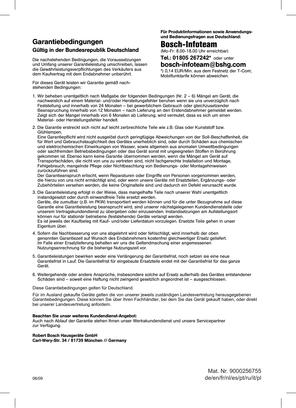 Bosch-infoteam, Garantiebedingungen | Bosch TCA 5201 User Manual | Page 100 / 100