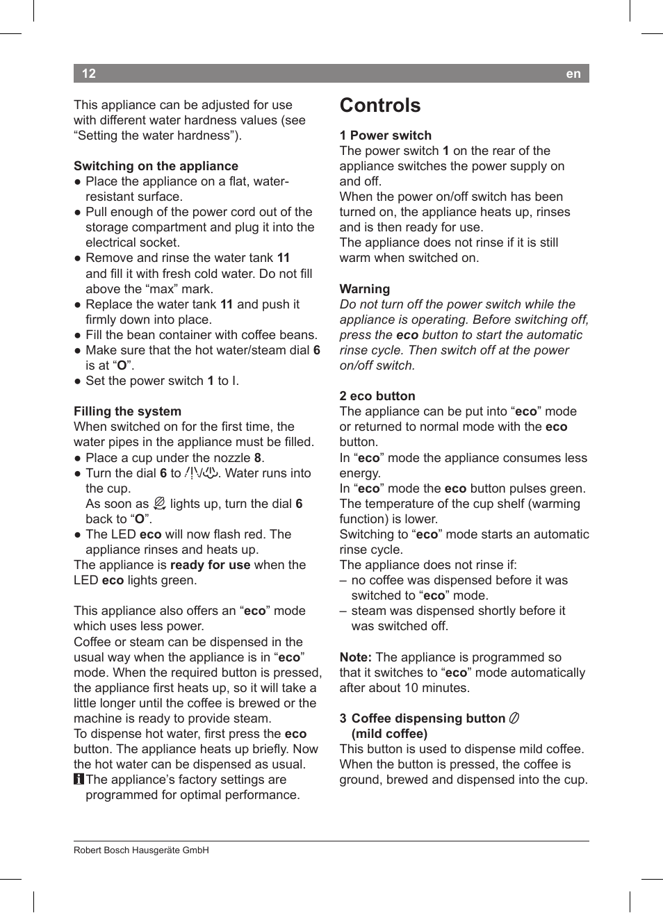 Controls | Bosch TCA 5201 User Manual | Page 16 / 100
