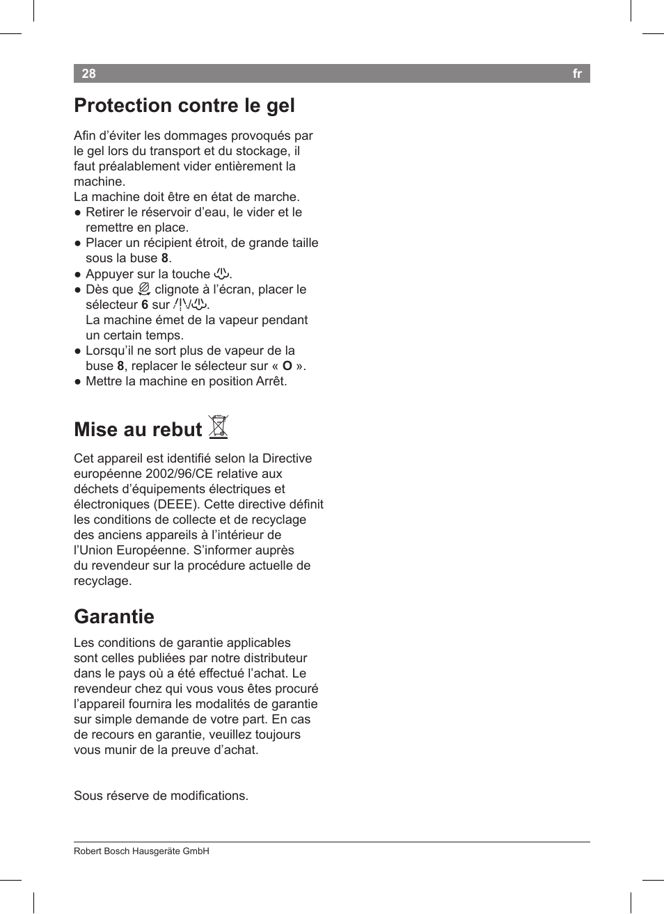 Protection contre le gel, Mise au rebut, Garantie | Bosch TCA 5201 User Manual | Page 32 / 100