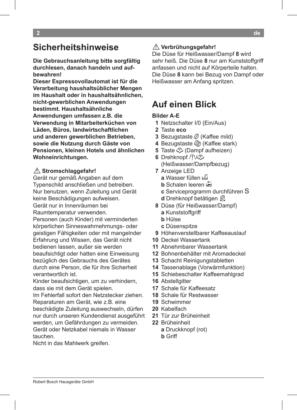 Sicherheitshinweise, Auf einen blick | Bosch TCA 5201 User Manual | Page 6 / 100