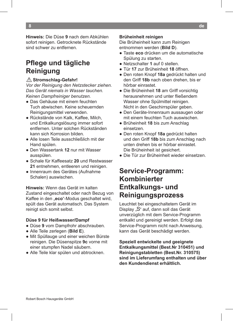 Pflege und tägliche reinigung | Bosch TCA5608 User Manual | Page 10 / 102