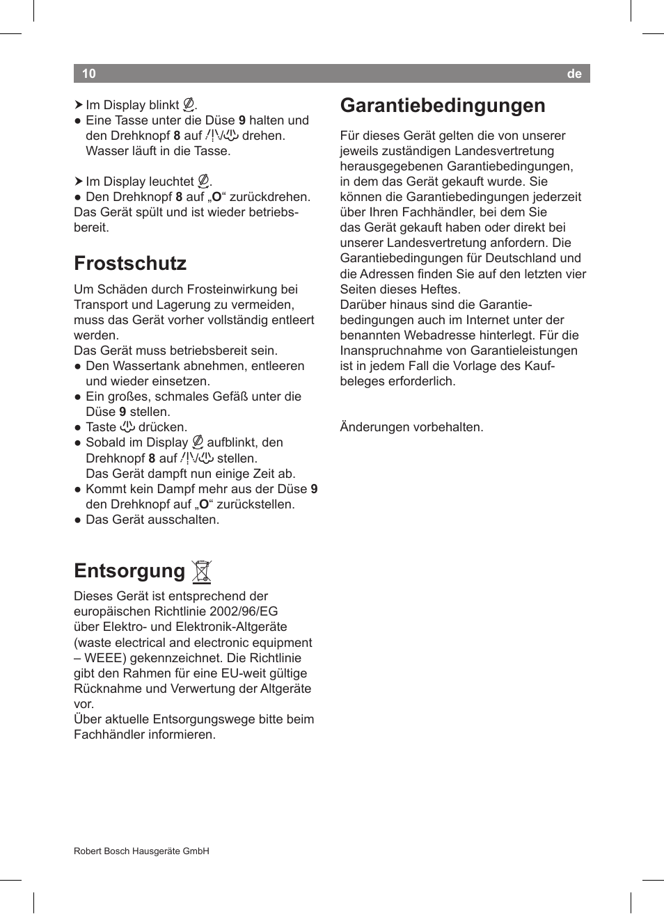 Frostschutz, Entsorgung, Garantiebedingungen | Bosch TCA5608 User Manual | Page 12 / 102