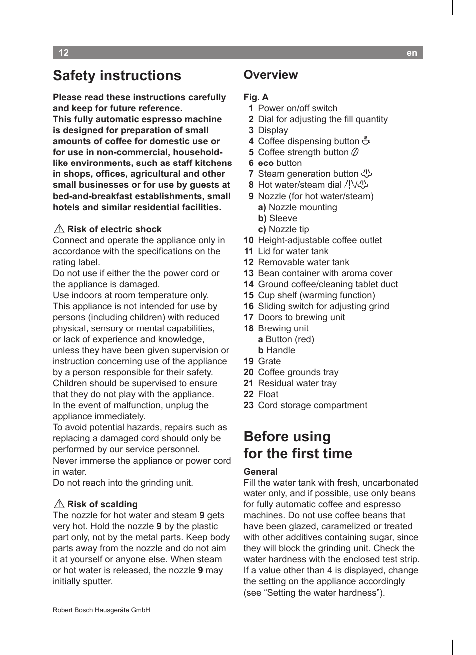 Safety instructions, Before using for the first time, Overview | Bosch TCA5608 User Manual | Page 14 / 102