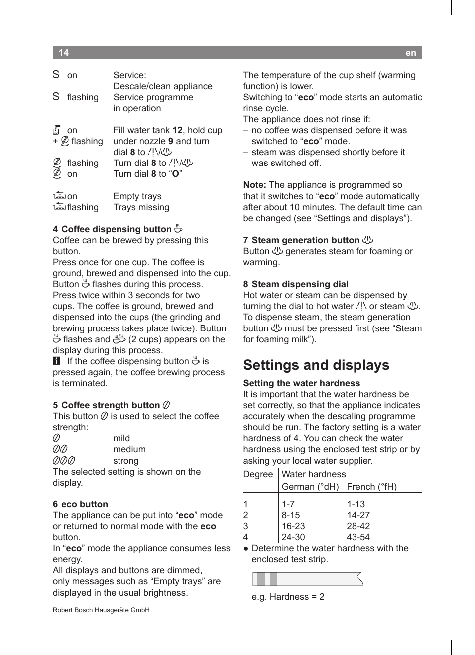 Settings and displays | Bosch TCA5608 User Manual | Page 16 / 102