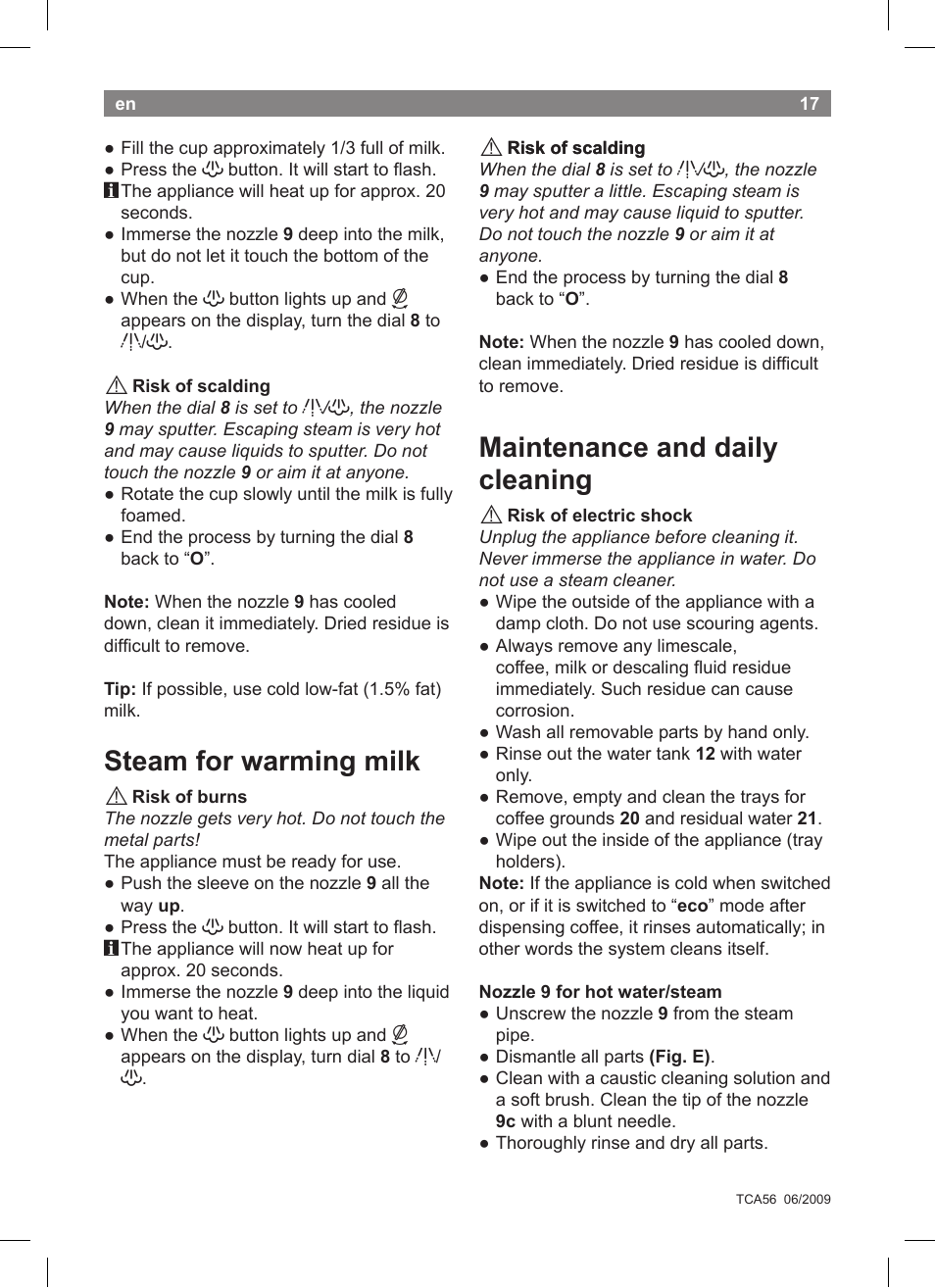 Steam for warming milk, Maintenance and daily cleaning | Bosch TCA5608 User Manual | Page 19 / 102