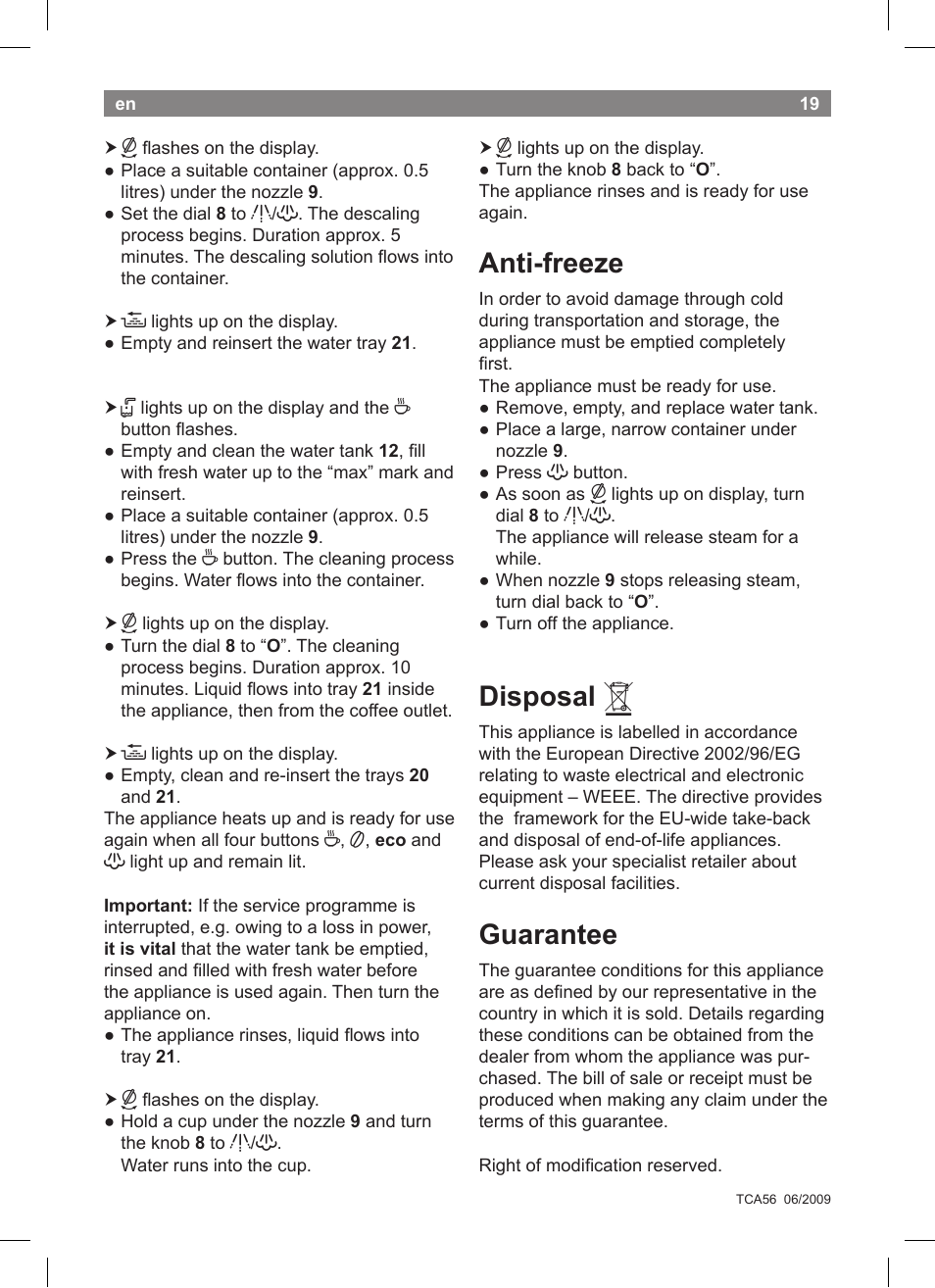 Anti­freeze, Disposal, Guarantee | Bosch TCA5608 User Manual | Page 21 / 102