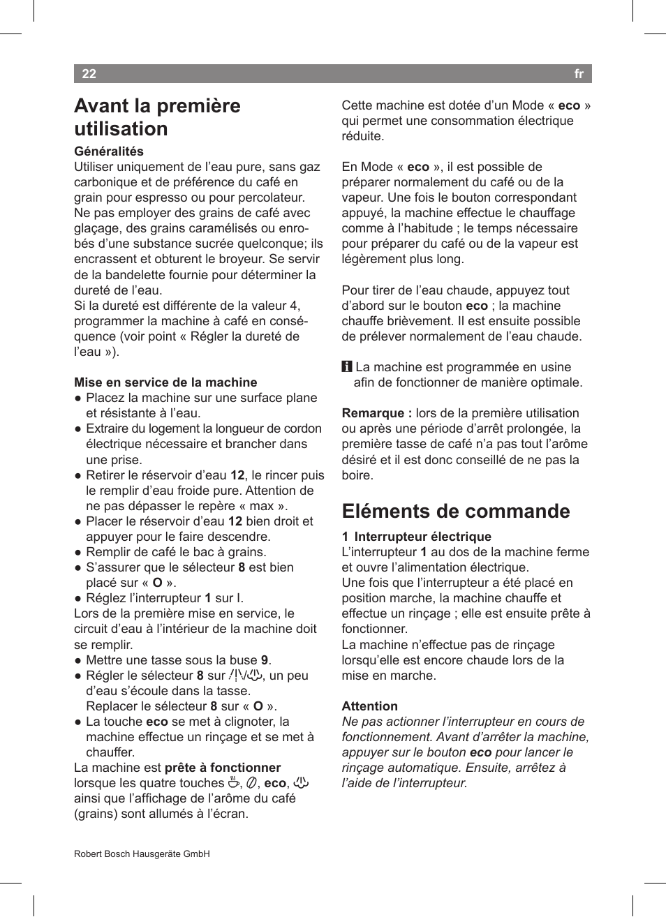 Eléments de commande, Avant la première utilisation | Bosch TCA5608 User Manual | Page 24 / 102