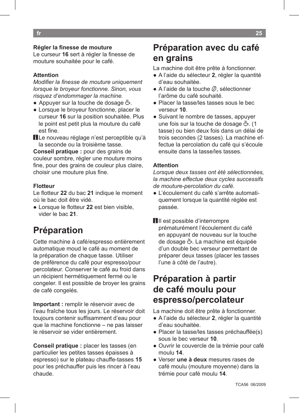 Préparation avec du café en grains, Préparation | Bosch TCA5608 User Manual | Page 27 / 102