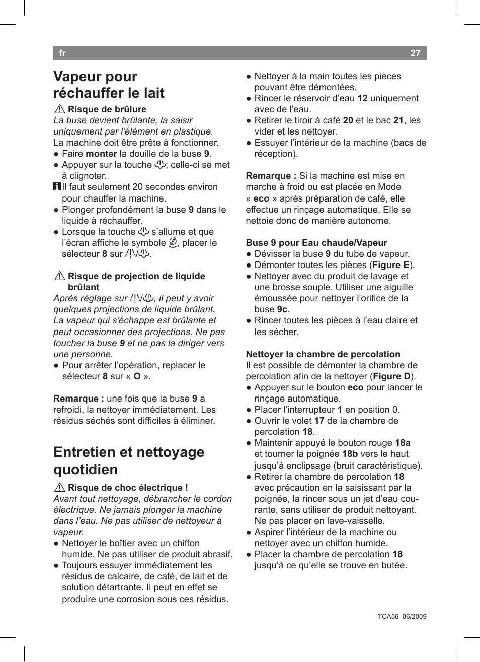 Vapeur pour réchauffer le lait, Entretien et nettoyage quotidien | Bosch TCA5608 User Manual | Page 29 / 102