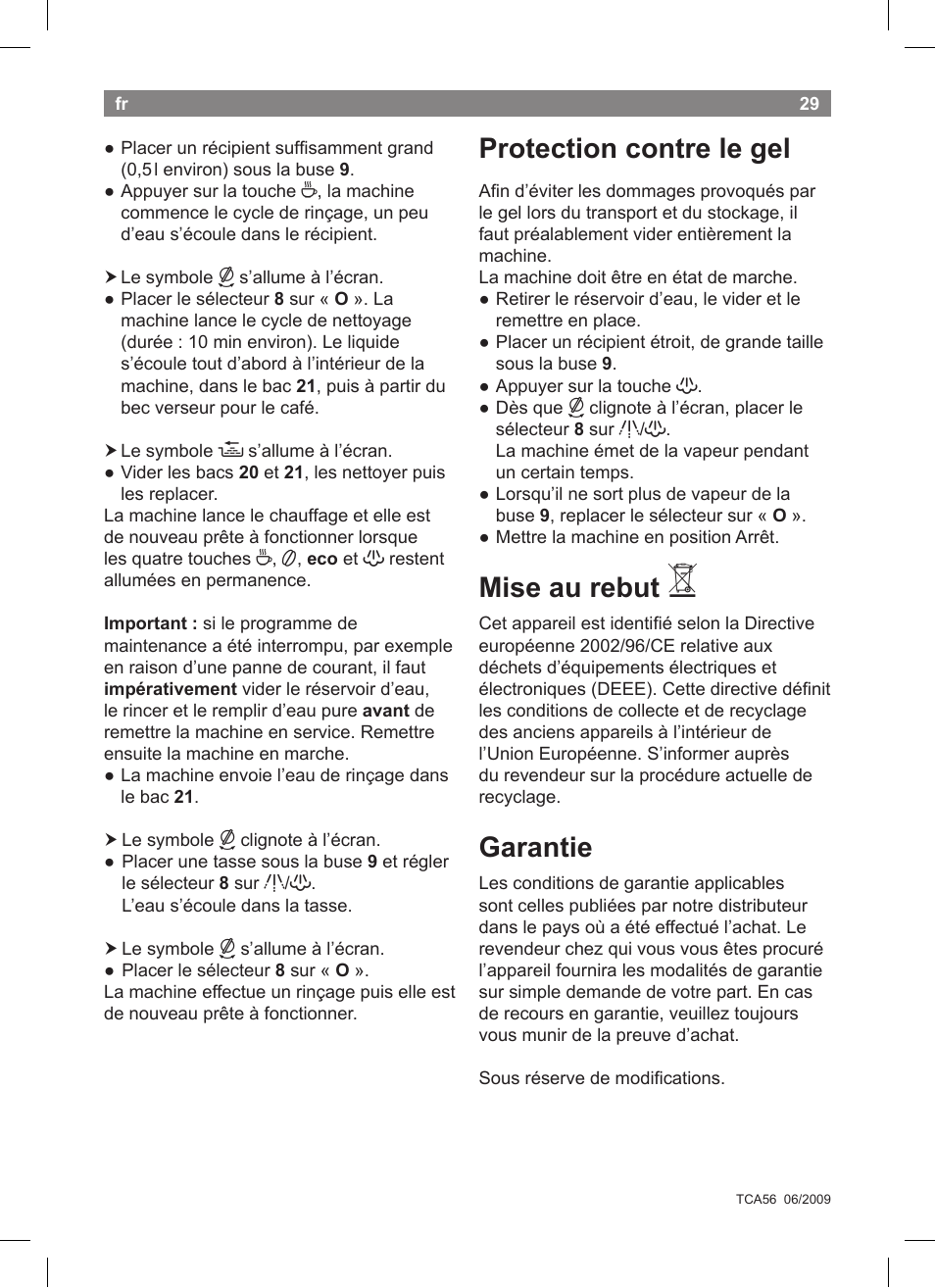 Protection contre le gel, Mise au rebut, Garantie | Bosch TCA5608 User Manual | Page 31 / 102