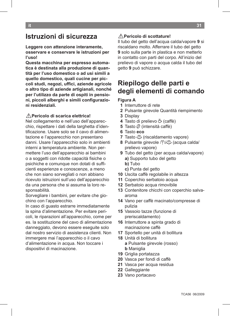 Istruzioni di sicurezza, Riepilogo delle parti e degli elementi di comando | Bosch TCA5608 User Manual | Page 33 / 102