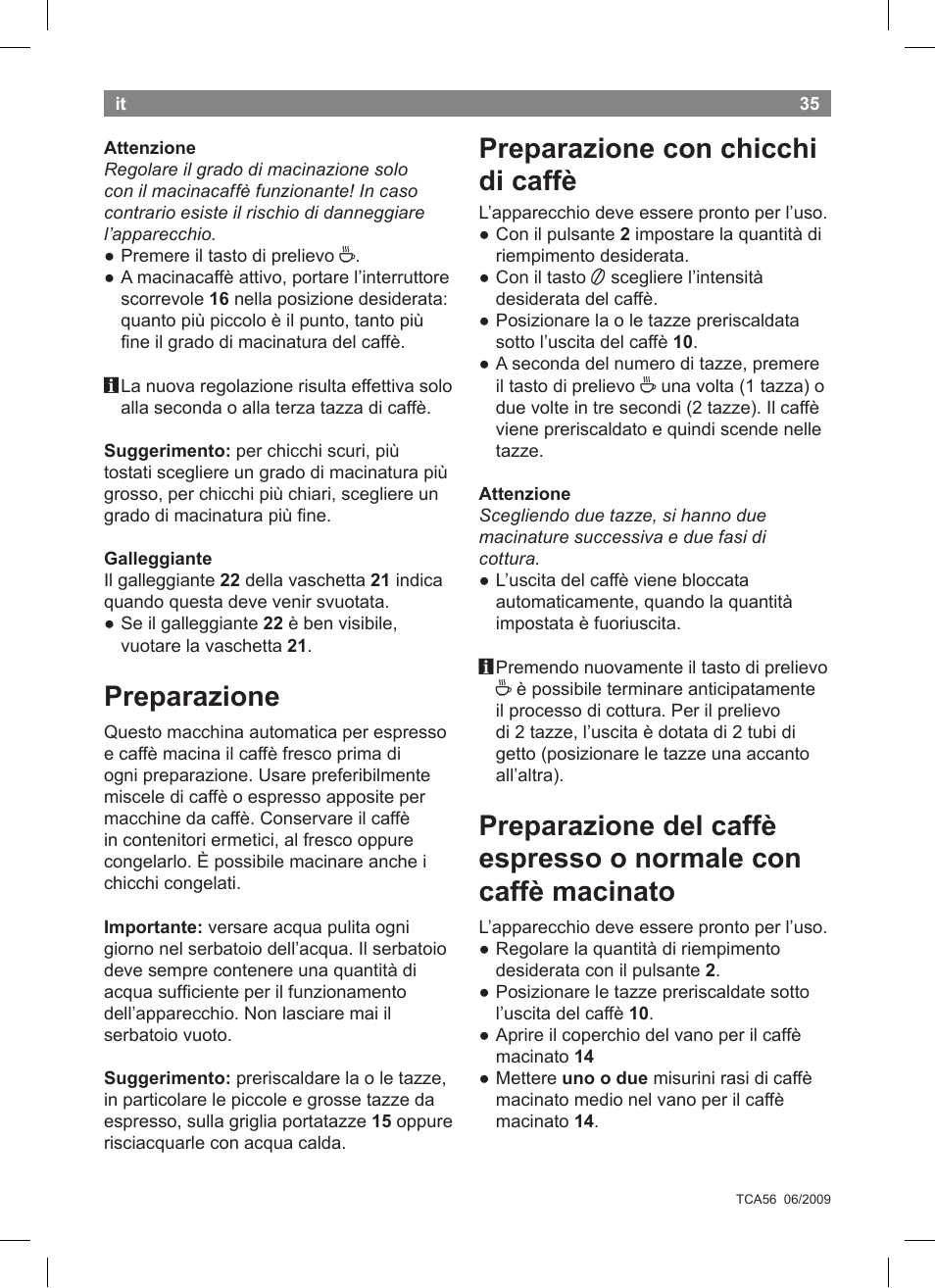 Preparazione, Preparazione con chicchi di caffè | Bosch TCA5608 User Manual | Page 37 / 102