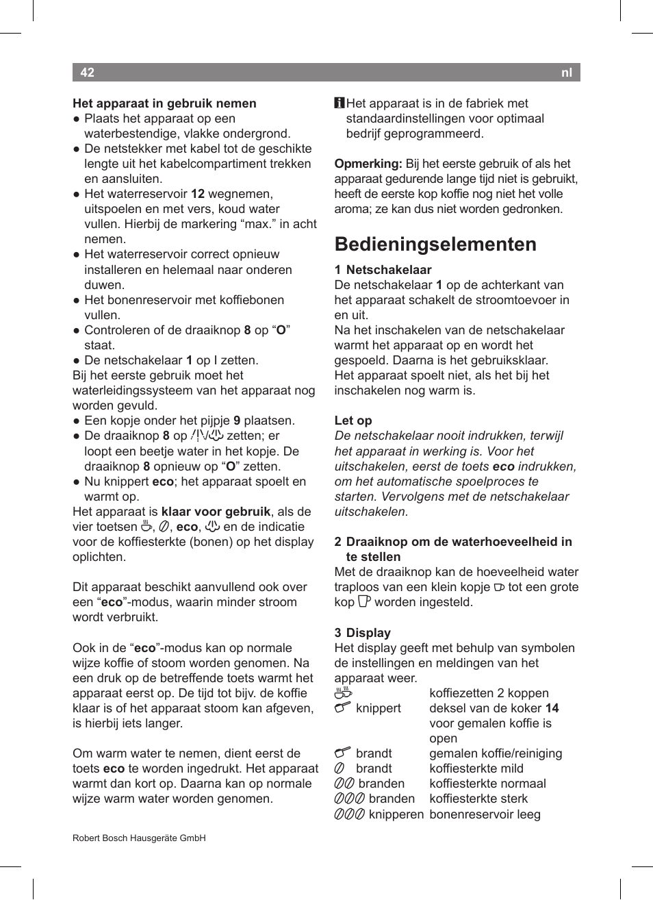 Bedieningselementen | Bosch TCA5608 User Manual | Page 44 / 102