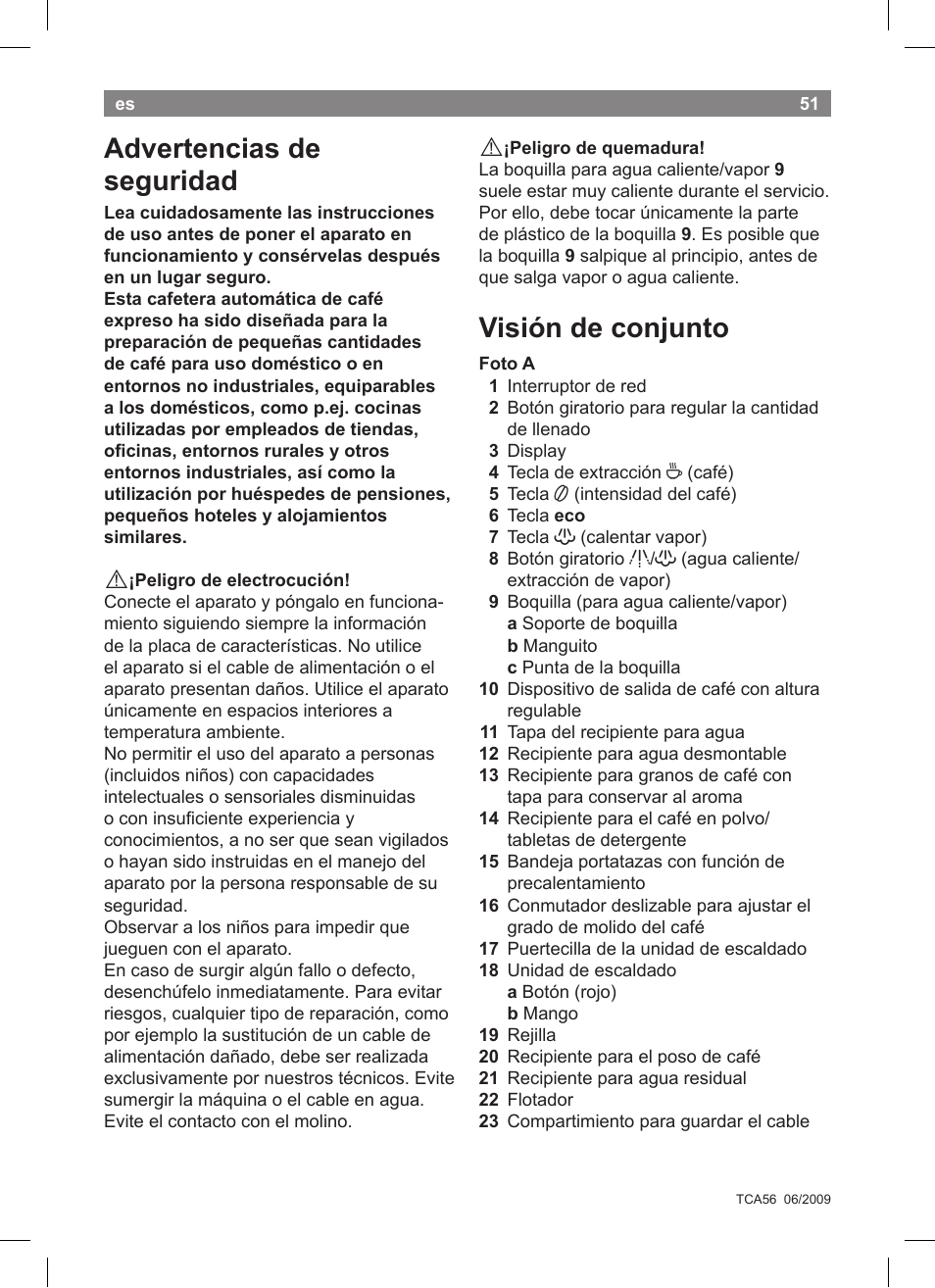 Advertencias de seguridad, Visión de conjunto | Bosch TCA5608 User Manual | Page 53 / 102