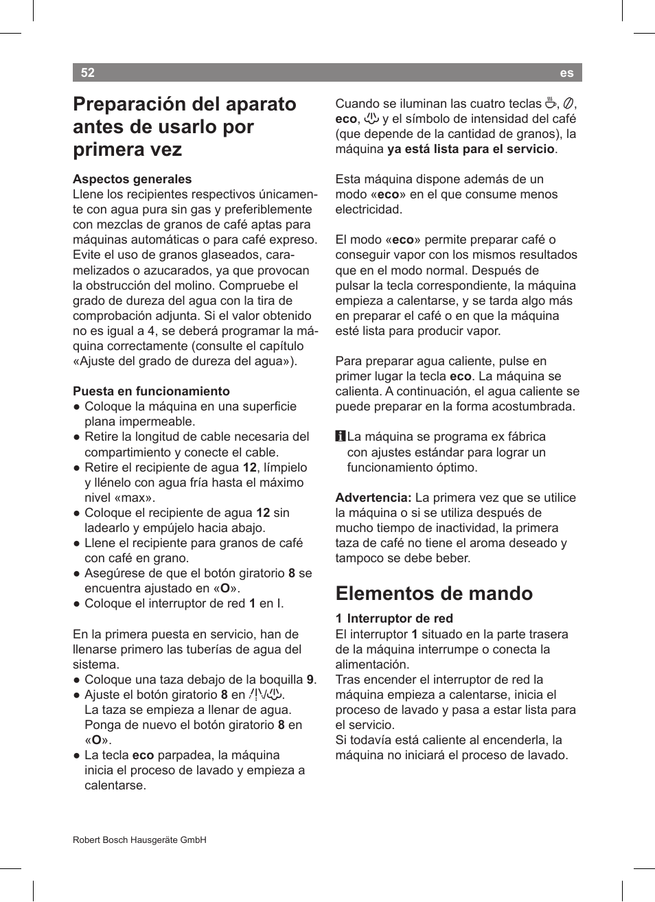 Elementos de mando | Bosch TCA5608 User Manual | Page 54 / 102