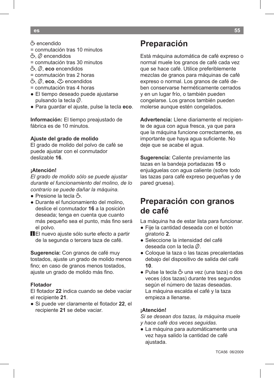 Preparación, Preparación con granos de café | Bosch TCA5608 User Manual | Page 57 / 102