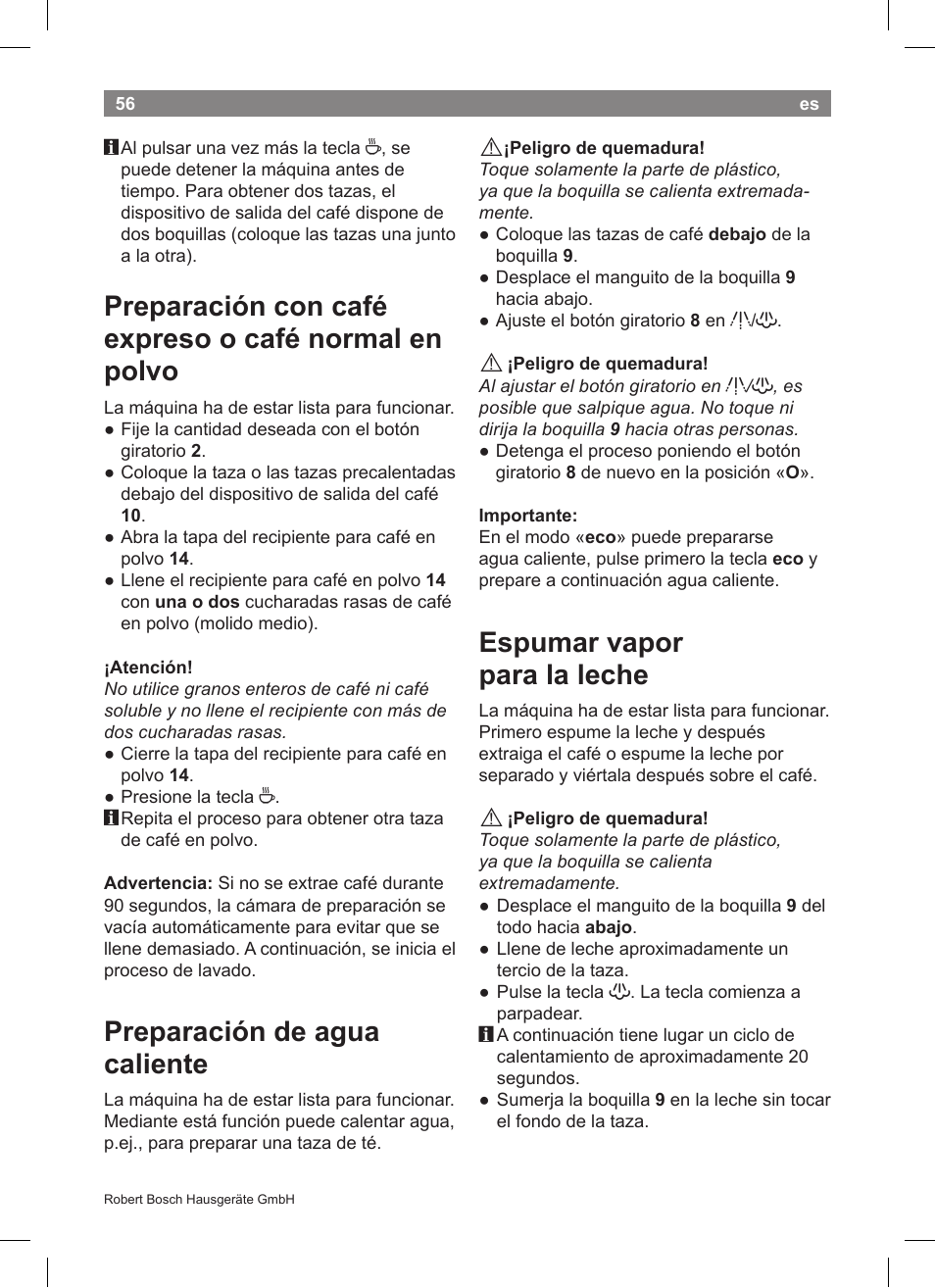 Preparación de agua caliente, Espumar vapor para la leche | Bosch TCA5608 User Manual | Page 58 / 102