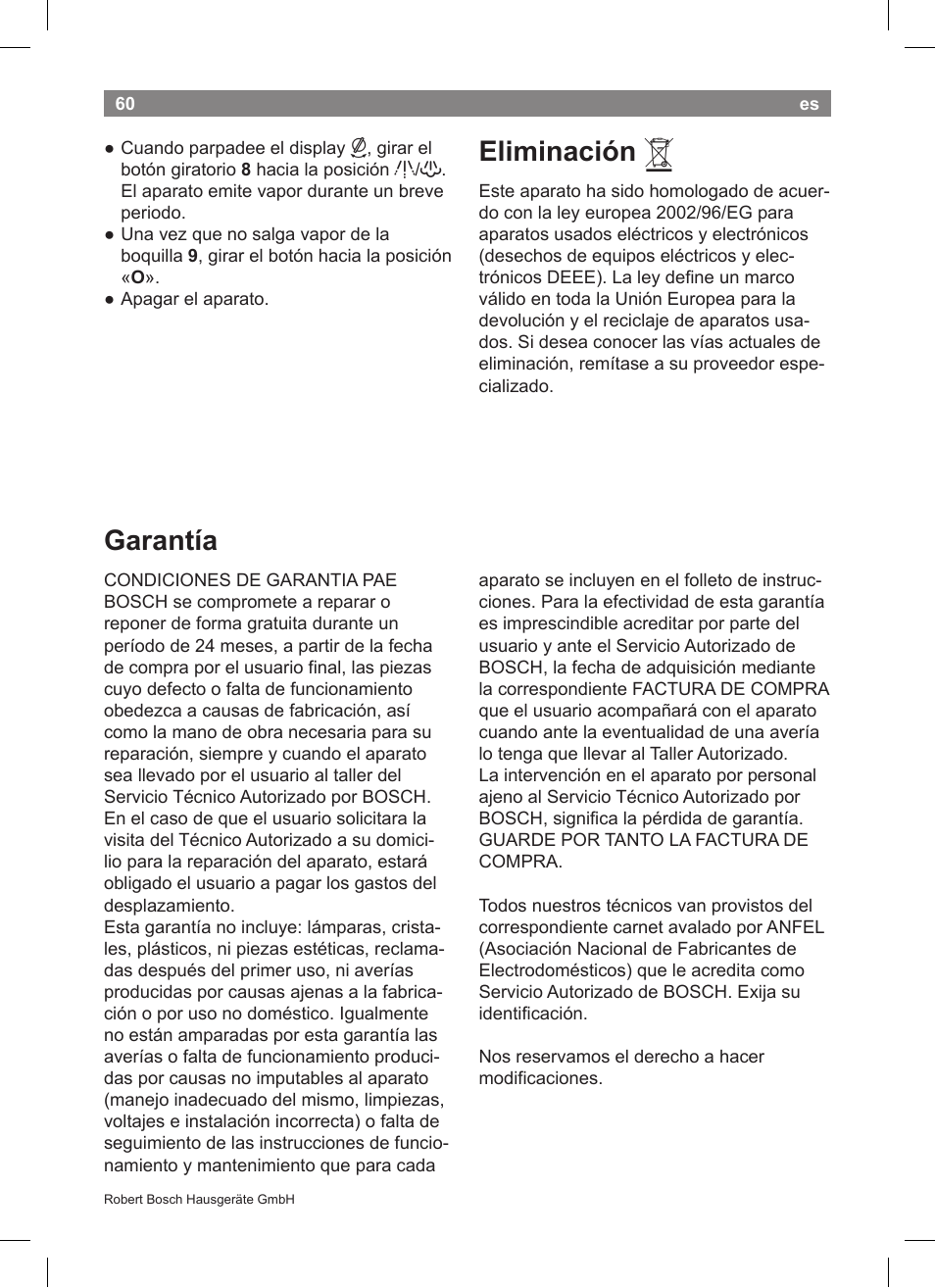 Eliminación, Garantía | Bosch TCA5608 User Manual | Page 62 / 102