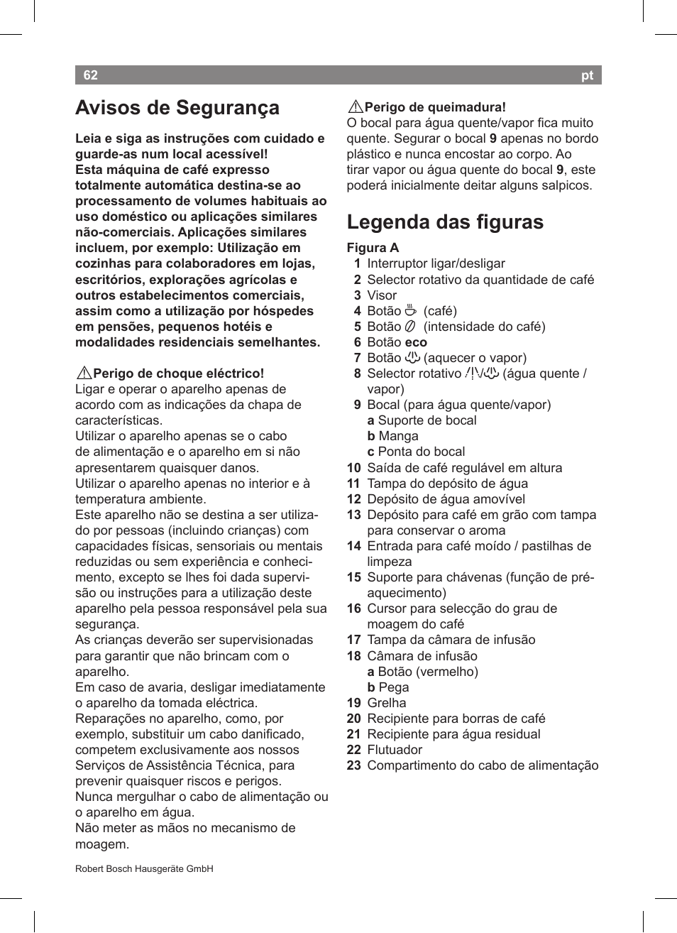 Avisos de segurança, Legenda das figuras | Bosch TCA5608 User Manual | Page 64 / 102