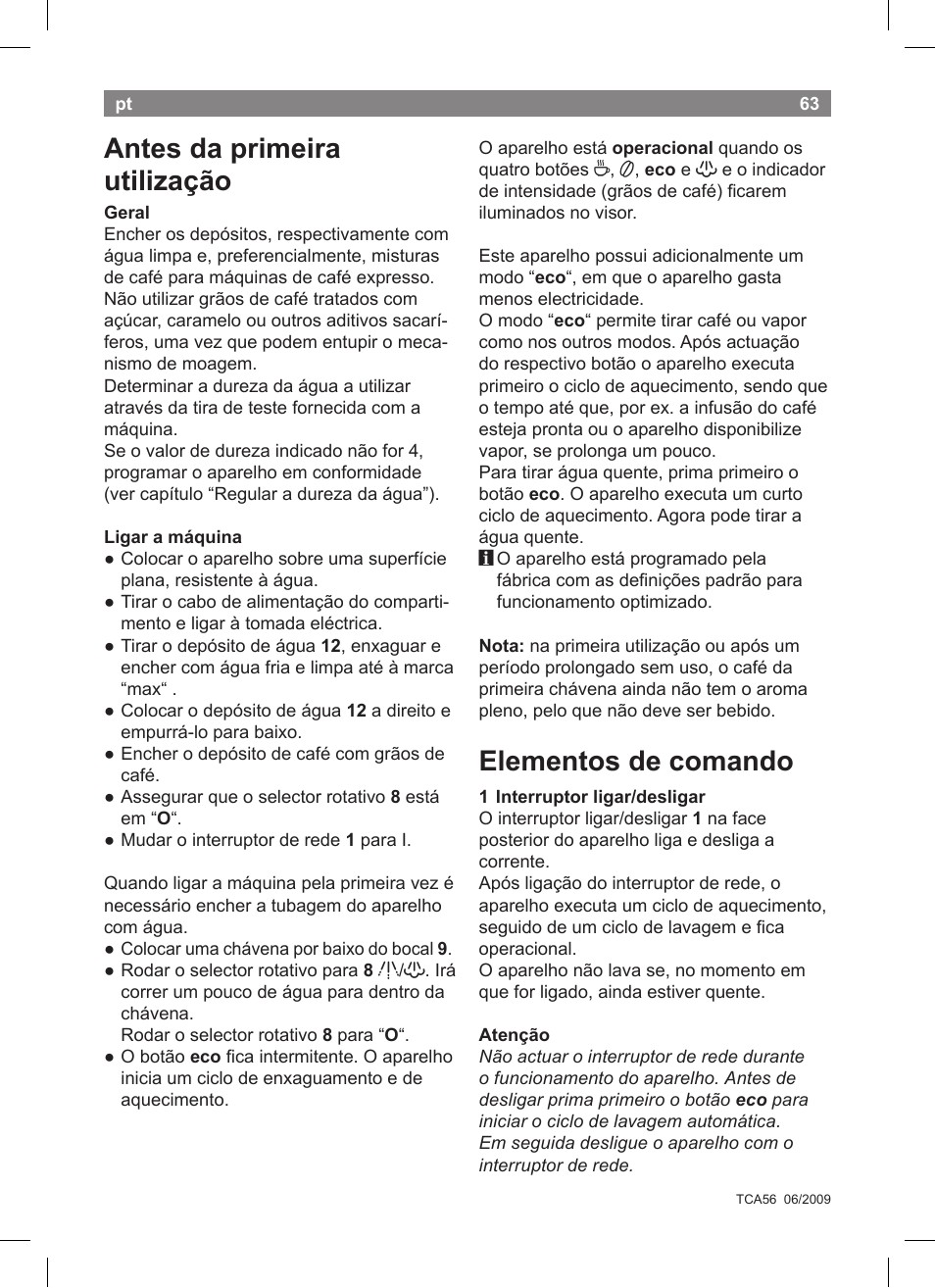 Antes da primeira utilização, Elementos de comando | Bosch TCA5608 User Manual | Page 65 / 102