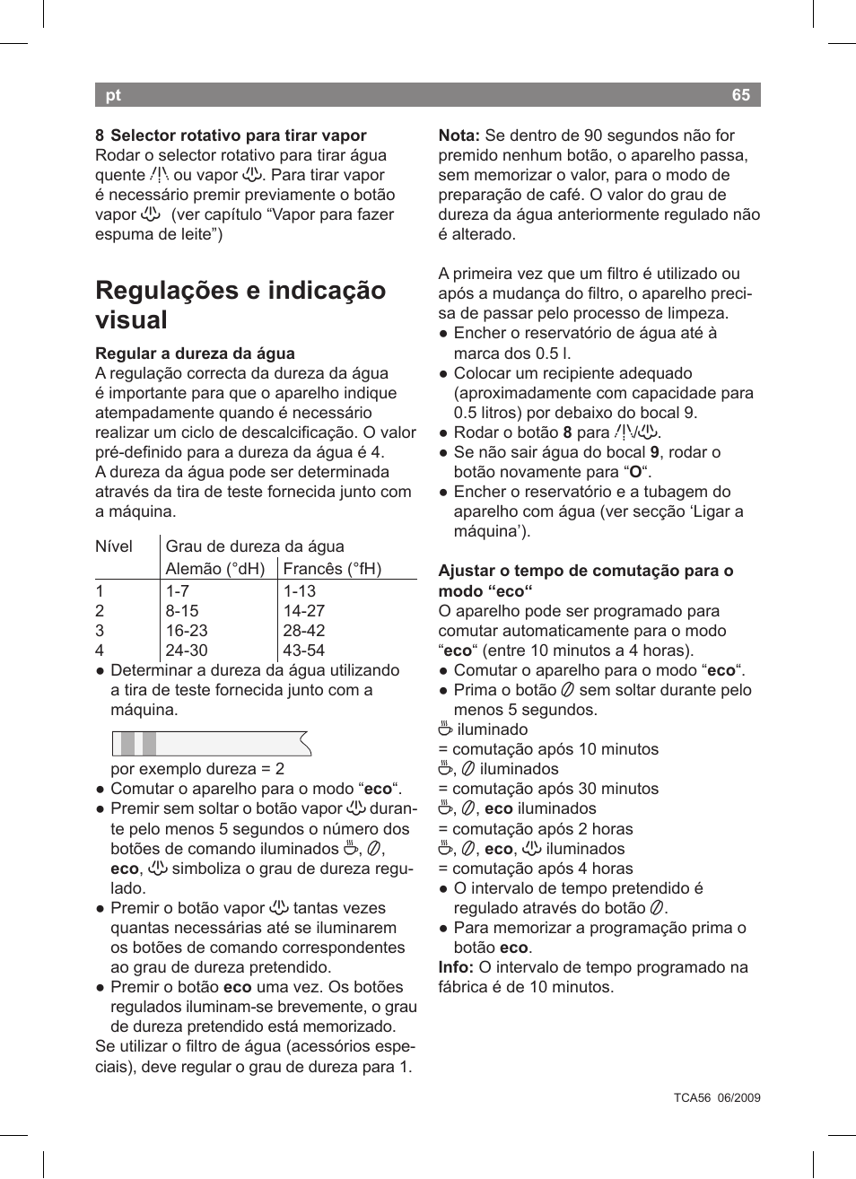 Regulações e indicação visual | Bosch TCA5608 User Manual | Page 67 / 102