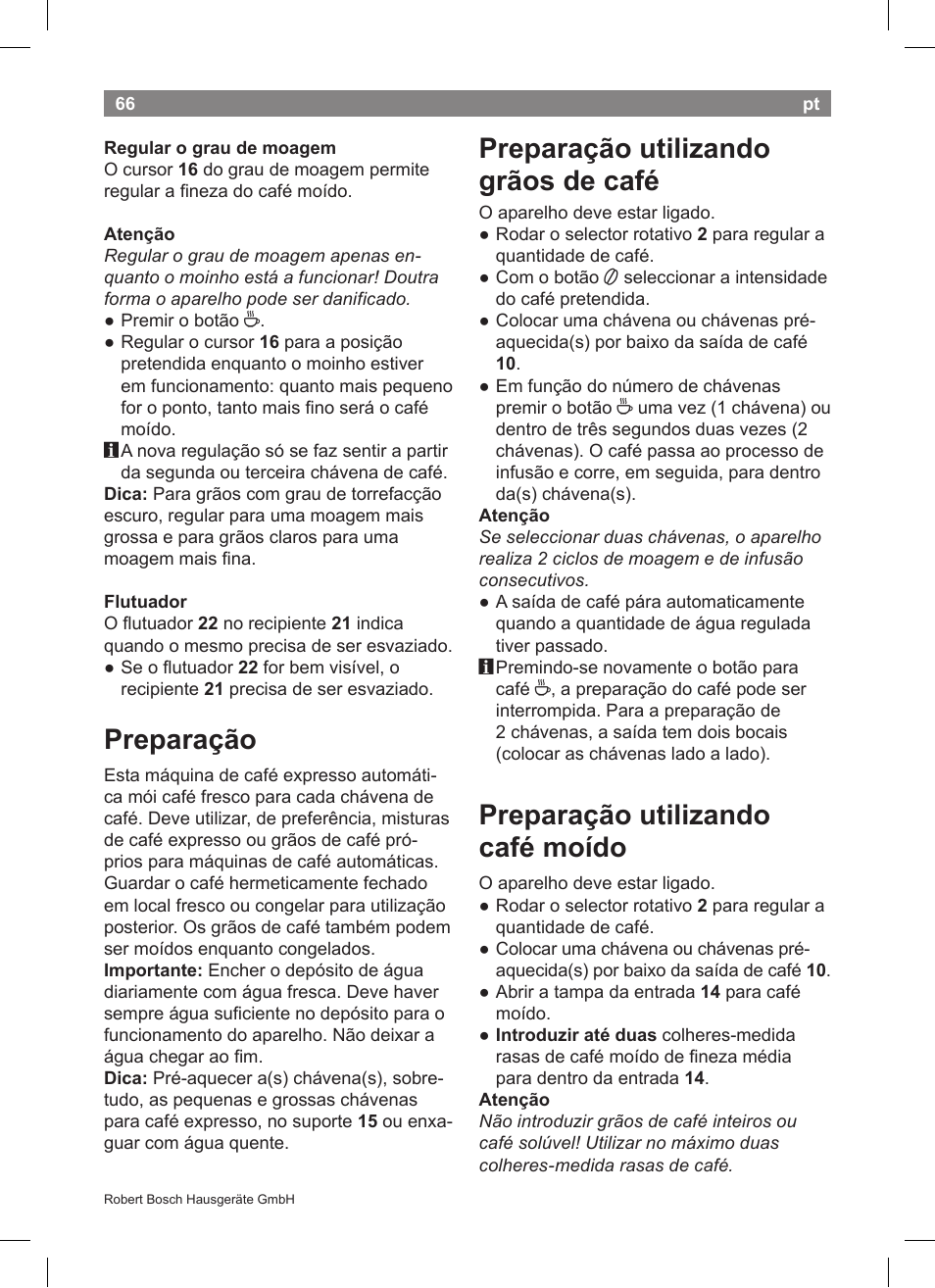 Preparação, Preparação utilizando grãos de café, Preparação utilizando café moído | Bosch TCA5608 User Manual | Page 68 / 102